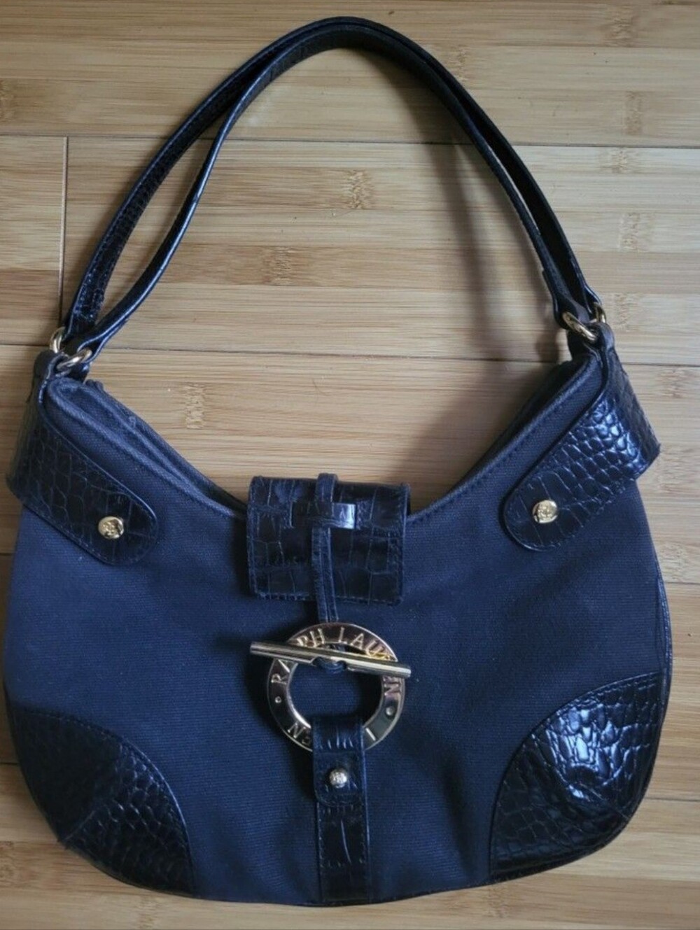 Vintage RALPH LAUREN Limited Edition Shoulder Mini Bag Gold Logo Navy Blue